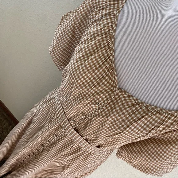 Reformation NWT Roland Dress Anzo Check Tan White Gingham Maxi Puff Sleeves: XL - Picture 3 of 11